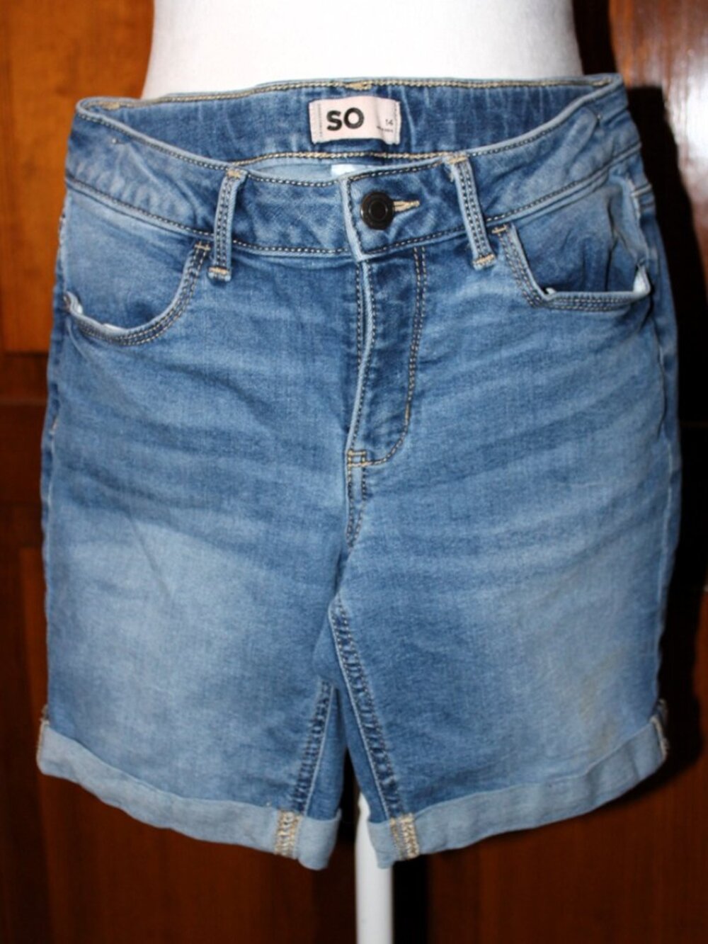 SO denim shorts, snap front